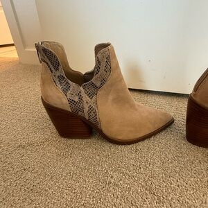 Vince Camuto Tan Suede Ankle Booties with Snake-Print Trim